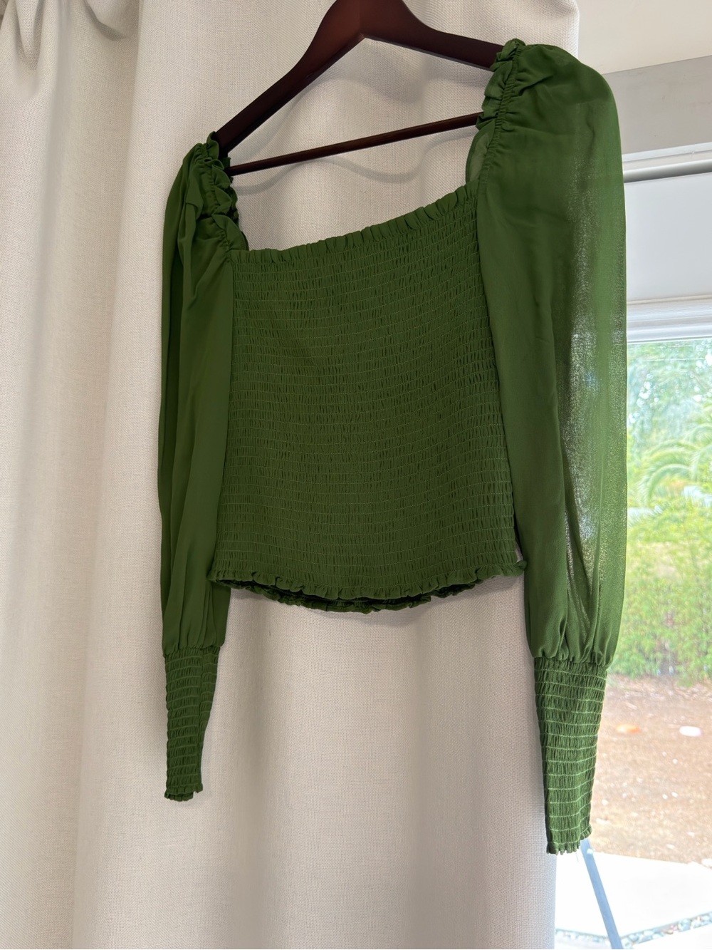Reformation Olive Green Smocked Square-Neck Blouse